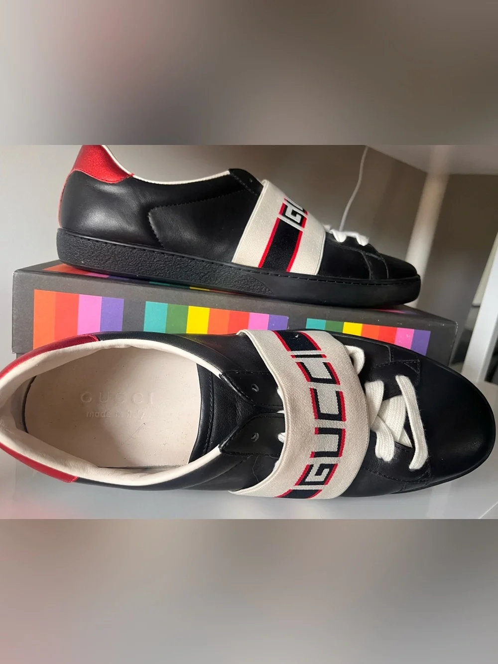 Gucci Black Leather Slip-On Sneakers with Logo Strap Men’s size 11